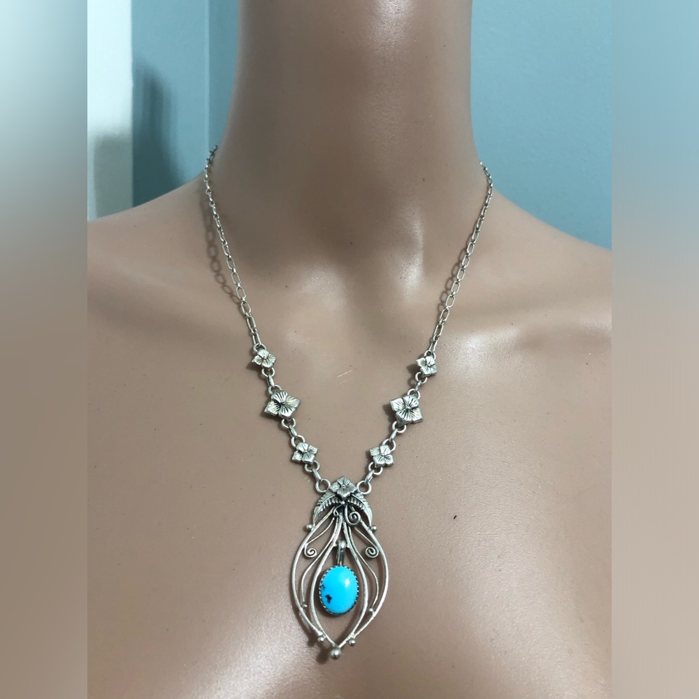 STUNNING SOUTHWEST INDIAN PRAIRIE FIRE STERLING SILVER TURQUOISE NECKLACE V